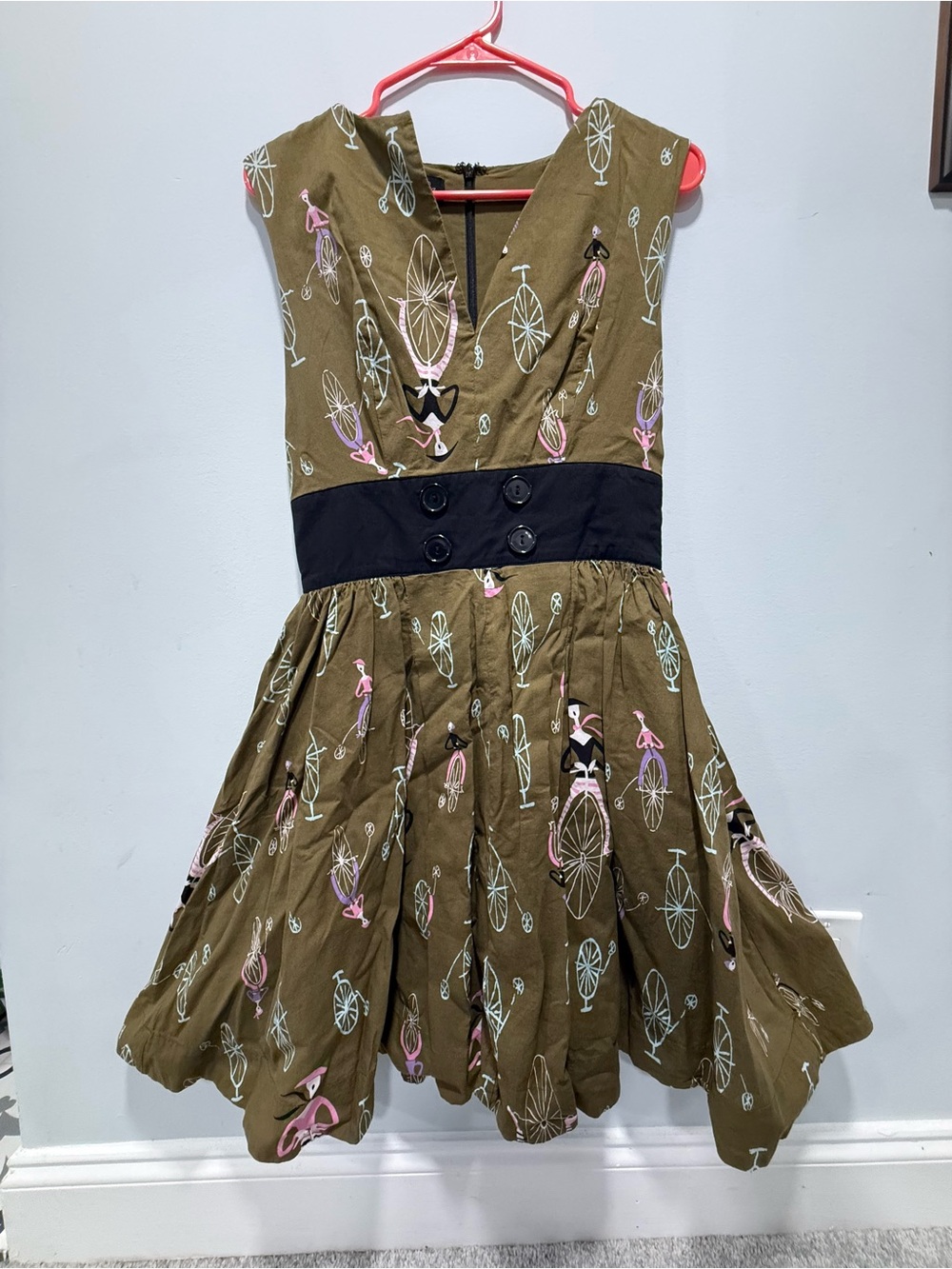 Trashy Diva Olive Green Bicycle Print Midi Dress with Black Waistband